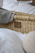 Changing Basket with Leather Handle Close-up on The Straw tag