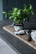 Face Pot/Bowl hand-painted with herbs on a cutting board