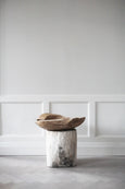 Carved Wood Bowl in natural material against wall on a stump